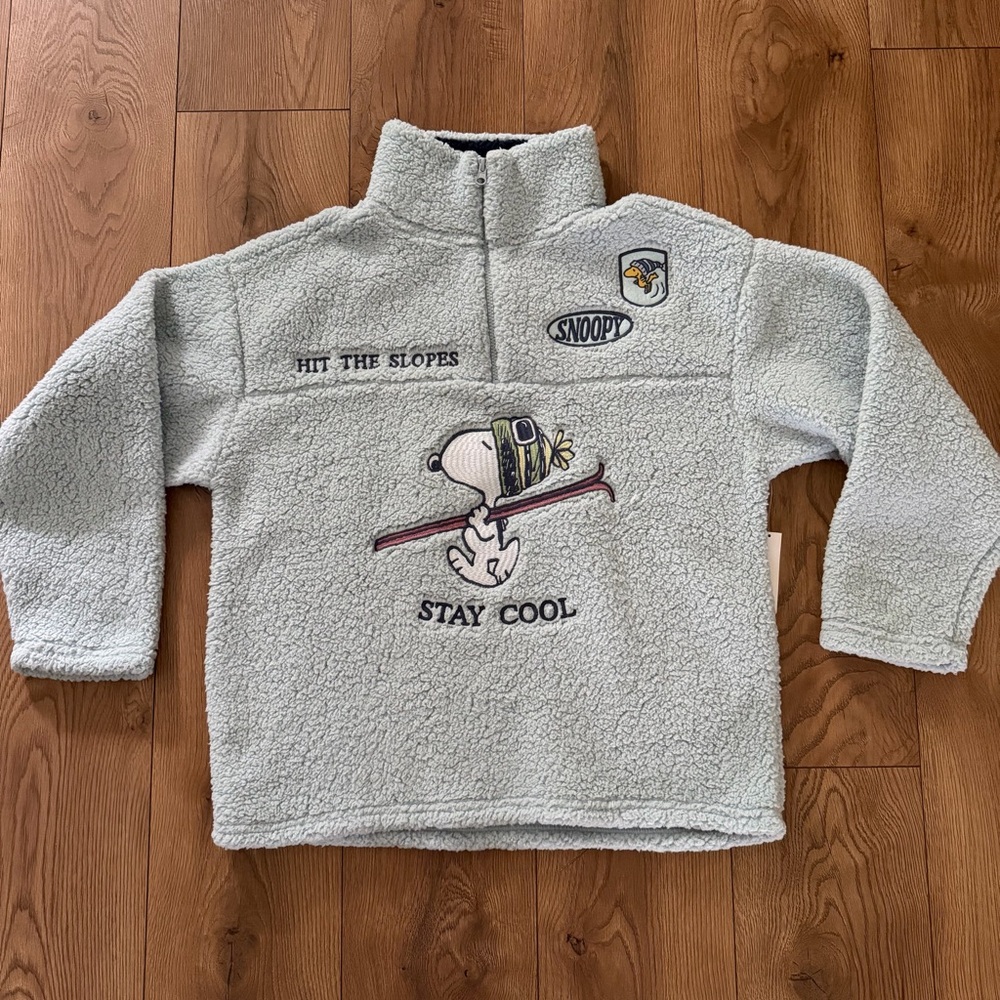 Snoopy Peanuts Sherpa Pullover Womens L Light Blue 1/4 Zip Stay‎ Cool NWT